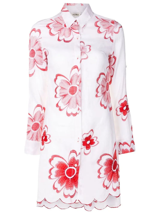 Floral-Embroidered Shirt Dress