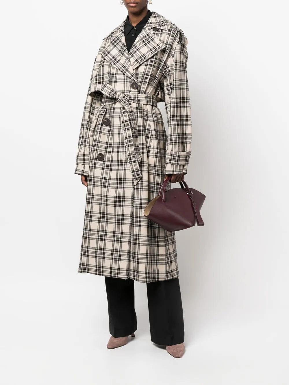 Check-Pattern Belted Coat