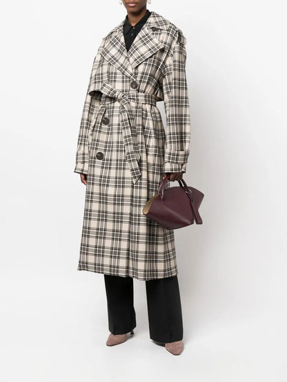 Check-Pattern Belted Coat