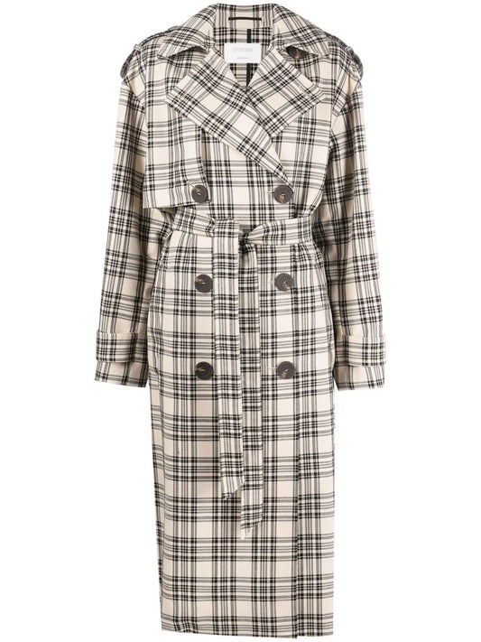 Check-Pattern Belted Coat