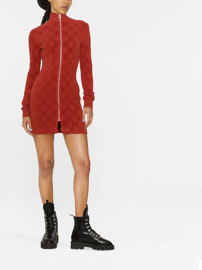 Monogram-Pattern Zip-Front Mini Dress