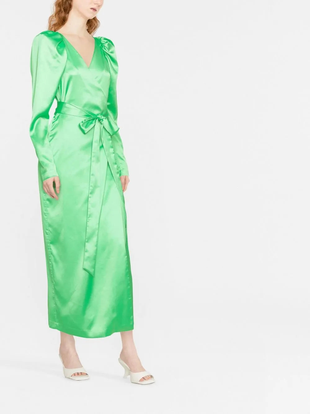 Long-Sleeve Satin Wrap Dress