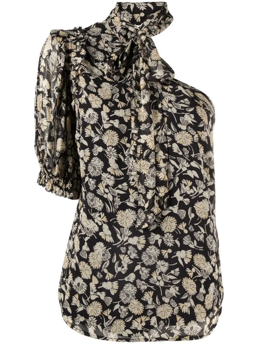 Floral-Print One-Shoulder Blouse