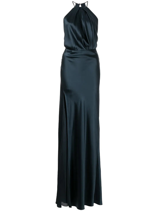 Pleat-Detail Halterneck Gown