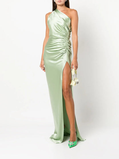 Gathered-Detail One-Shoulder Silk Gown