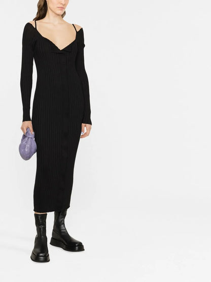 Ribbed-Knit V-Neck Dress