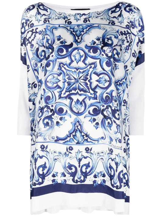 Majolica-Print Silk Blouse