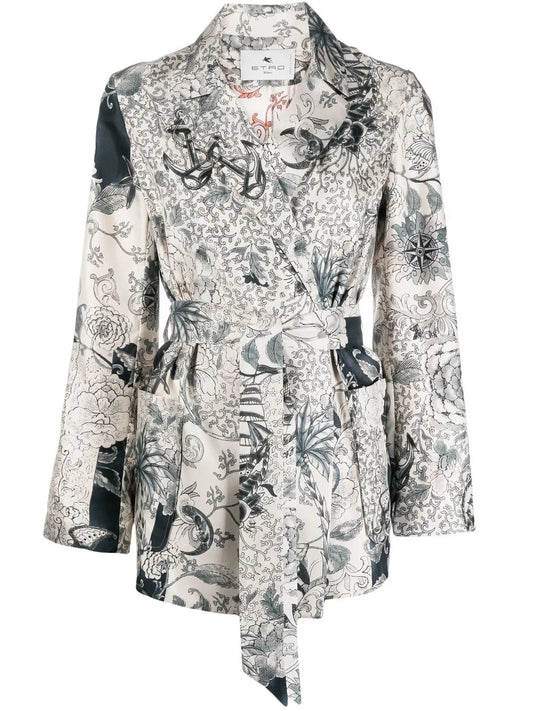 Graphic-Print Belted Silk Jacket