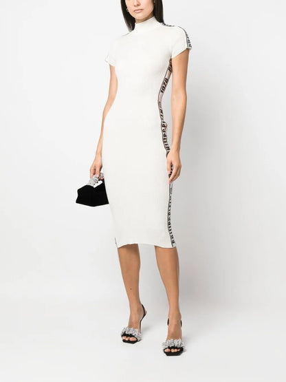 Rhinestone-Logo Ribbed Wool Midi Dress