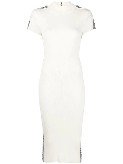 Rhinestone-Logo Ribbed Wool Midi Dress