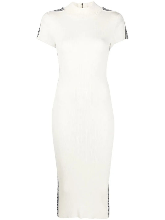 Rhinestone-Logo Ribbed Wool Midi Dress