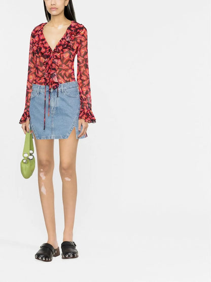 Graphic-Print Ruffle-Detail Blouse