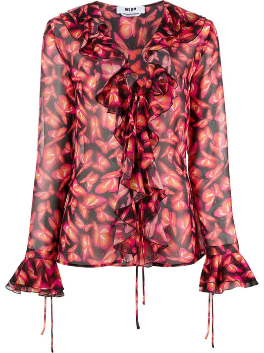 Graphic-Print Ruffle-Detail Blouse