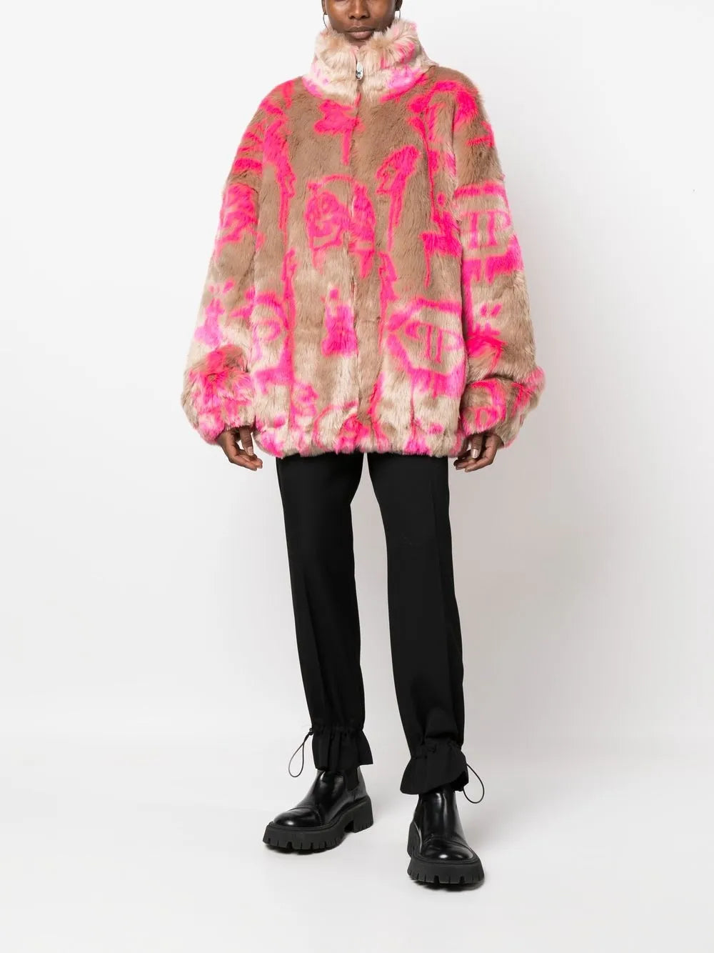 Monogram-Print Faux Fur Coat