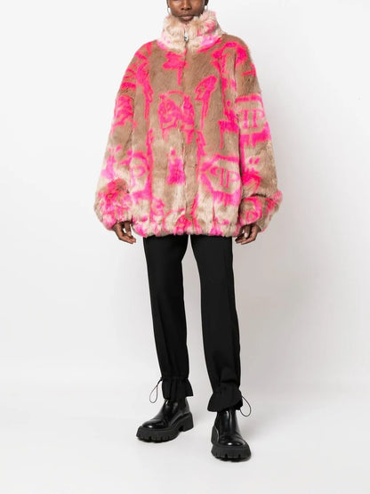 Monogram-Print Faux Fur Coat