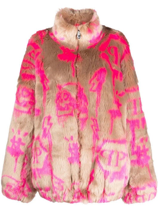 Monogram-Print Faux Fur Coat