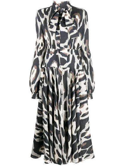 Animal-Print Linen Midi Dress