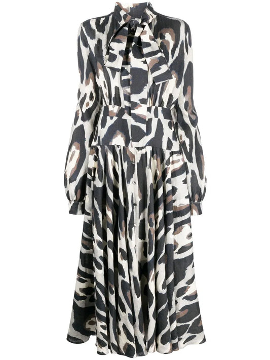 Animal-Print Linen Midi Dress