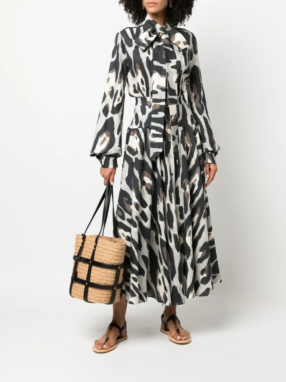 Animal-Print Linen Midi Dress