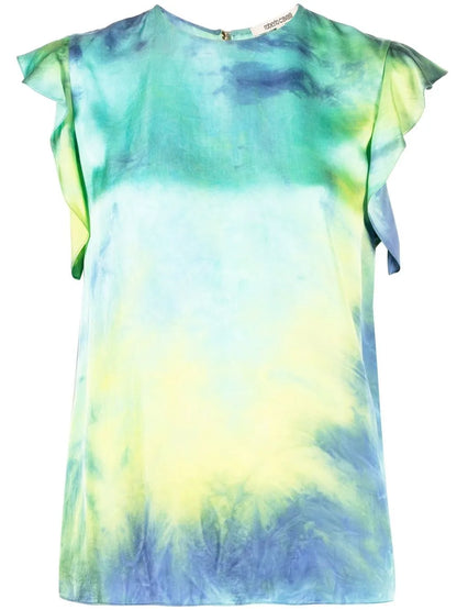 Ruffle-Sleeve Tie-Dye Blouse