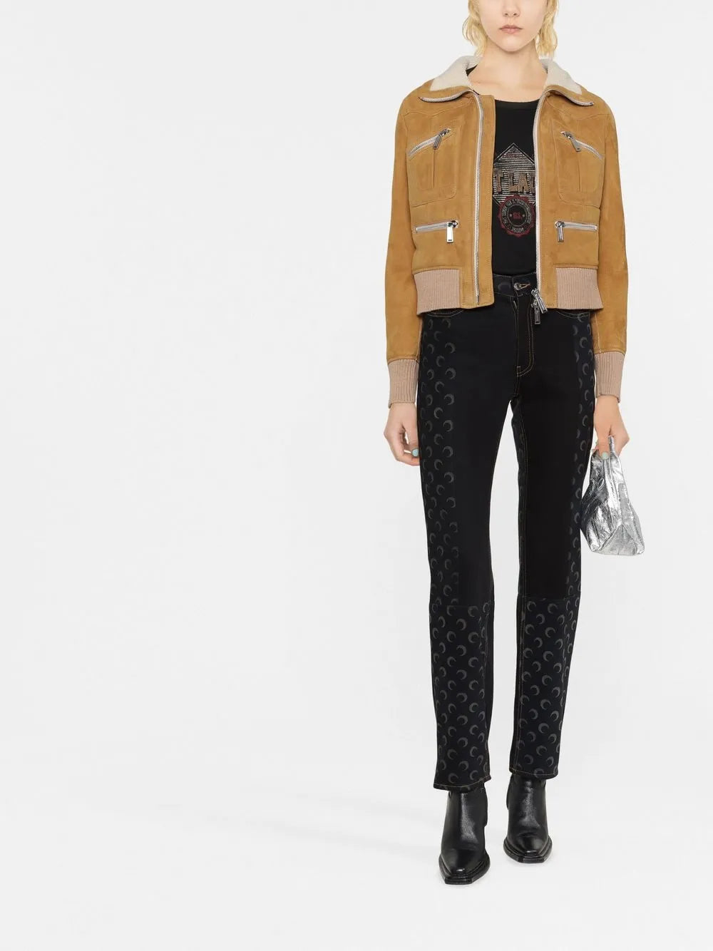 Ribbed-Detail Zipped-Up Bomber Jacket