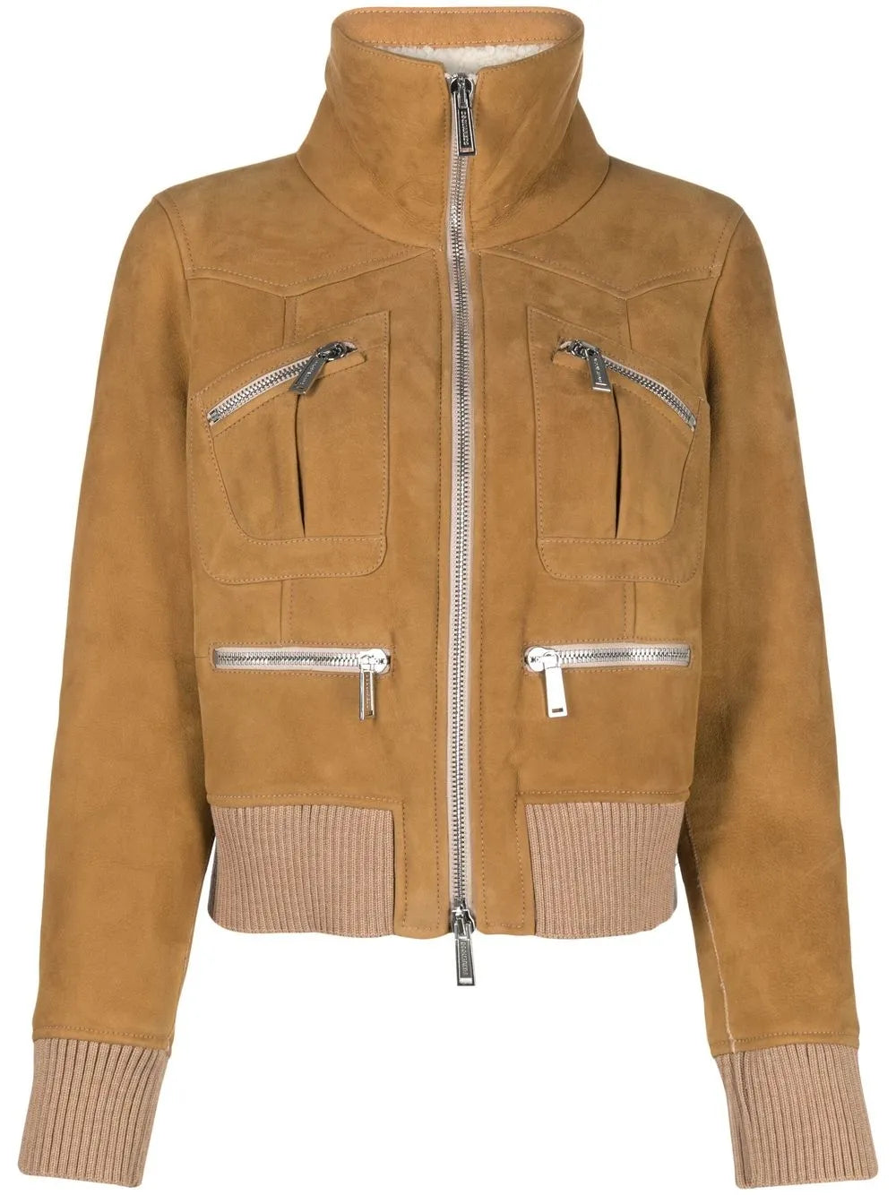 Ribbed-Detail Zipped-Up Bomber Jacket