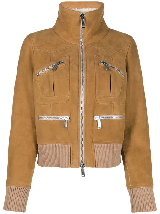 Ribbed-Detail Zipped-Up Bomber Jacket