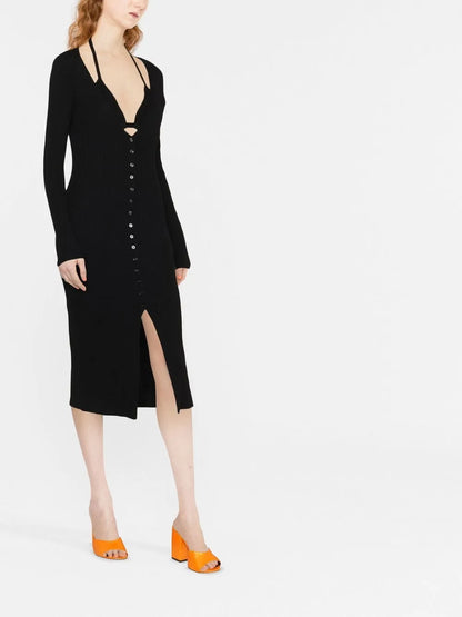 Virigin-Wool V-Neck Midi-Dress