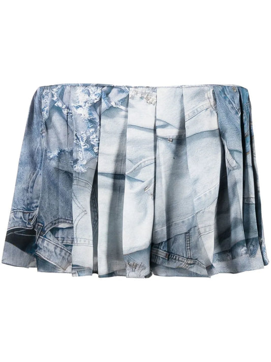Denim-Print Pleated Skort