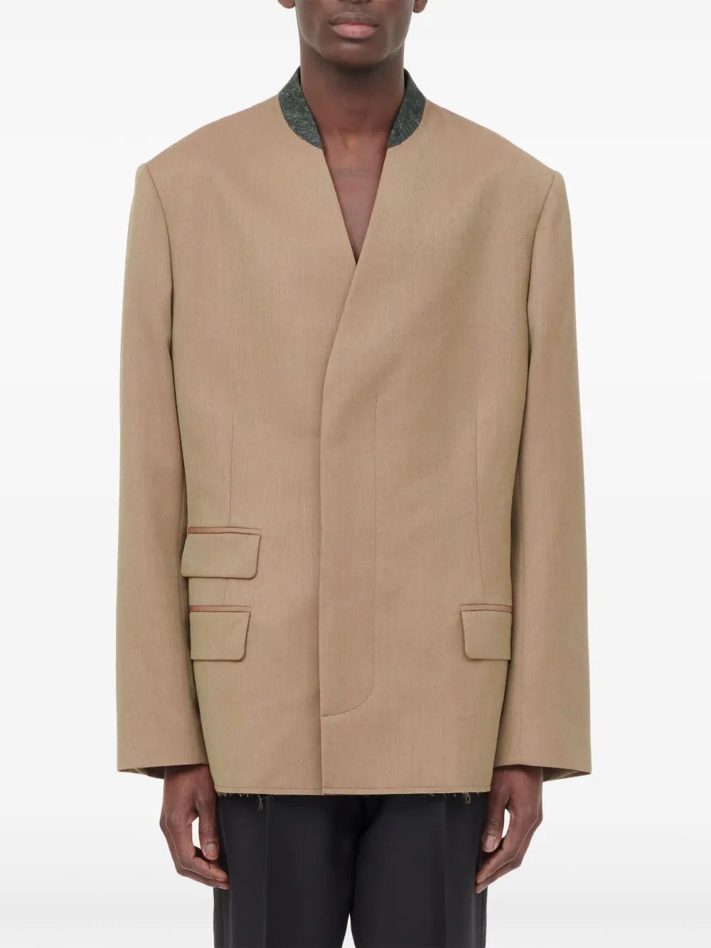 Collarless Single-Breasted Wool Blazer