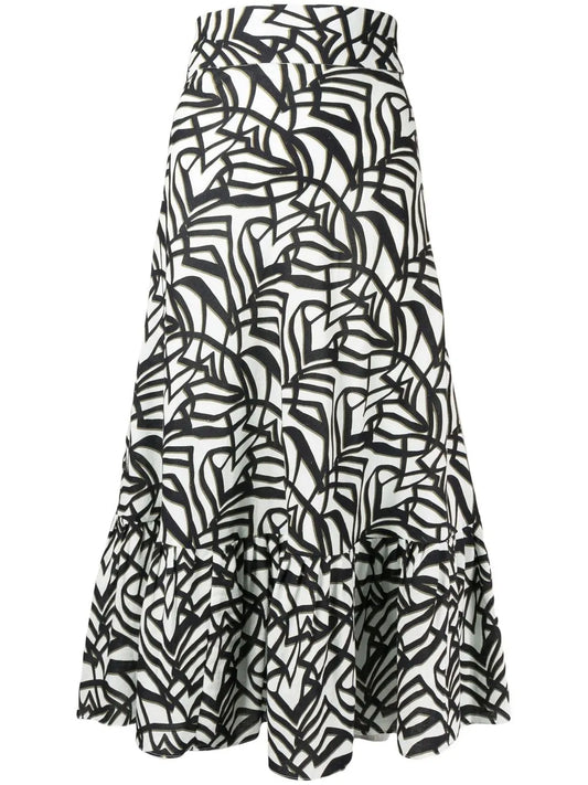 Geometric-Print Ruffle Midi Skirt