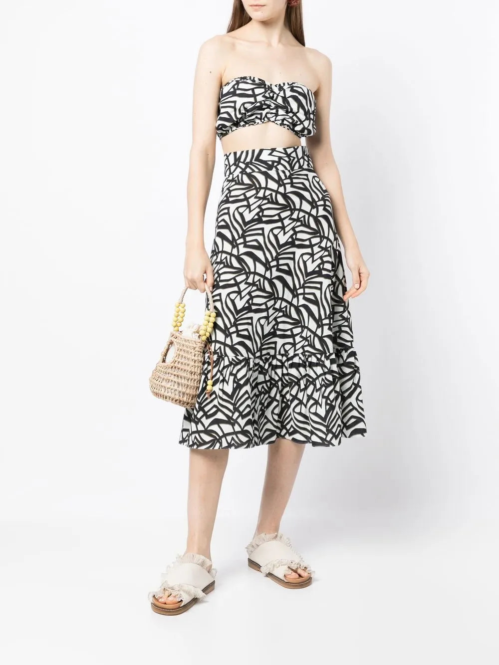 Geometric-Print Ruffle Midi Skirt