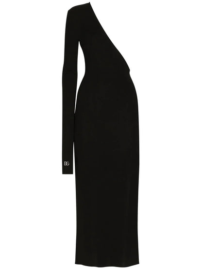 Detachable-Sleeve One-Shoulder Midi Dress