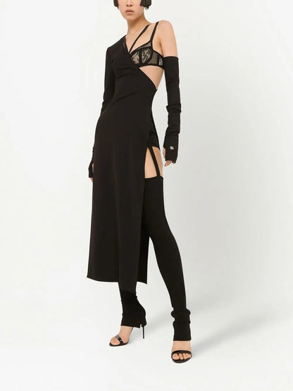Detachable-Sleeve One-Shoulder Midi Dress
