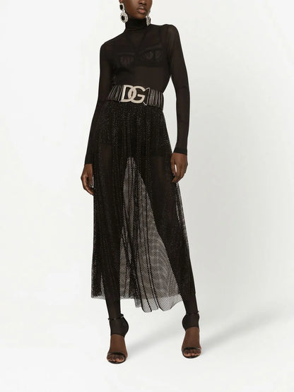 Rhinestone-Embellished Mesh Maxi Skirt