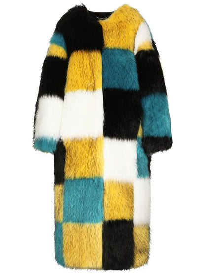 Check-Pattern Faux-Fur Coat