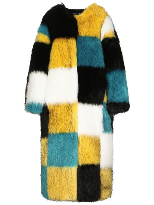 Check-Pattern Faux-Fur Coat