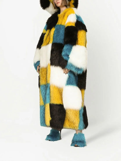 Check-Pattern Faux-Fur Coat