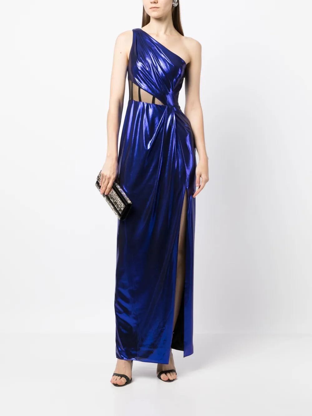 Sheer-Panel One-Shoulder Gown