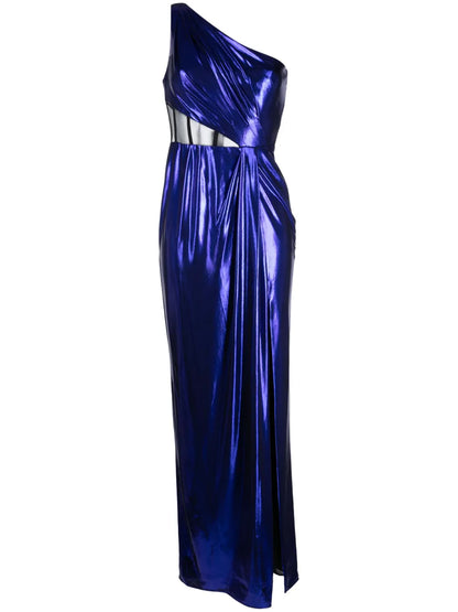 Sheer-Panel One-Shoulder Gown
