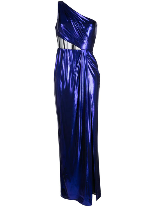 Sheer-Panel One-Shoulder Gown