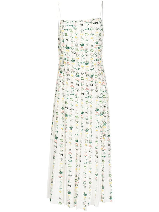 Floral-Print Pleated Silk Dress