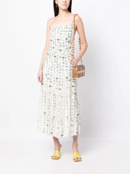 Floral-Print Pleated Silk Dress