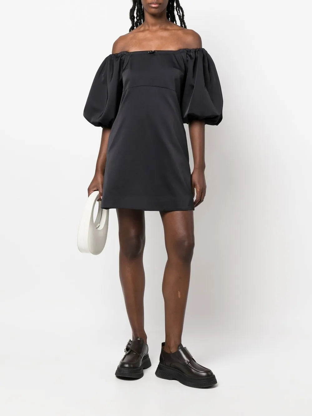 Puff-Sleeve Bardot Mini Dress