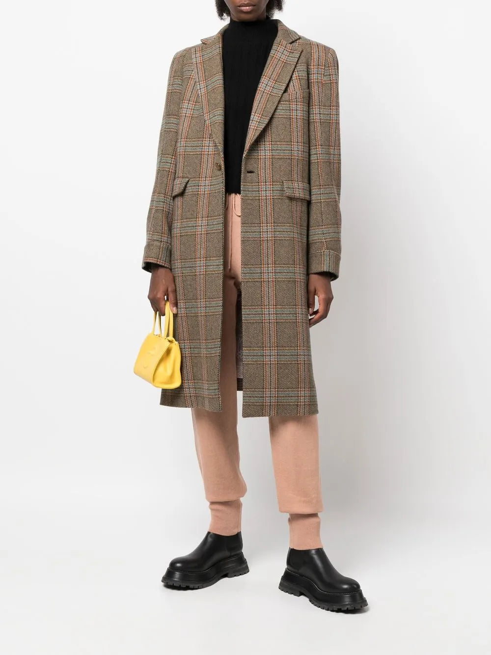 Check-Print Knee-Length Coat