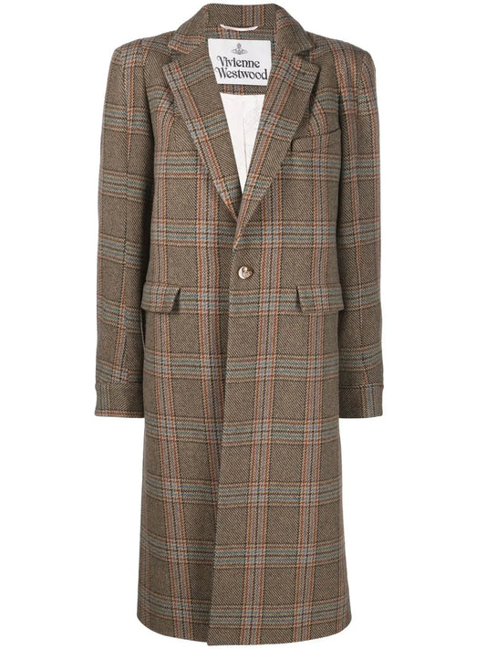 Check-Print Knee-Length Coat