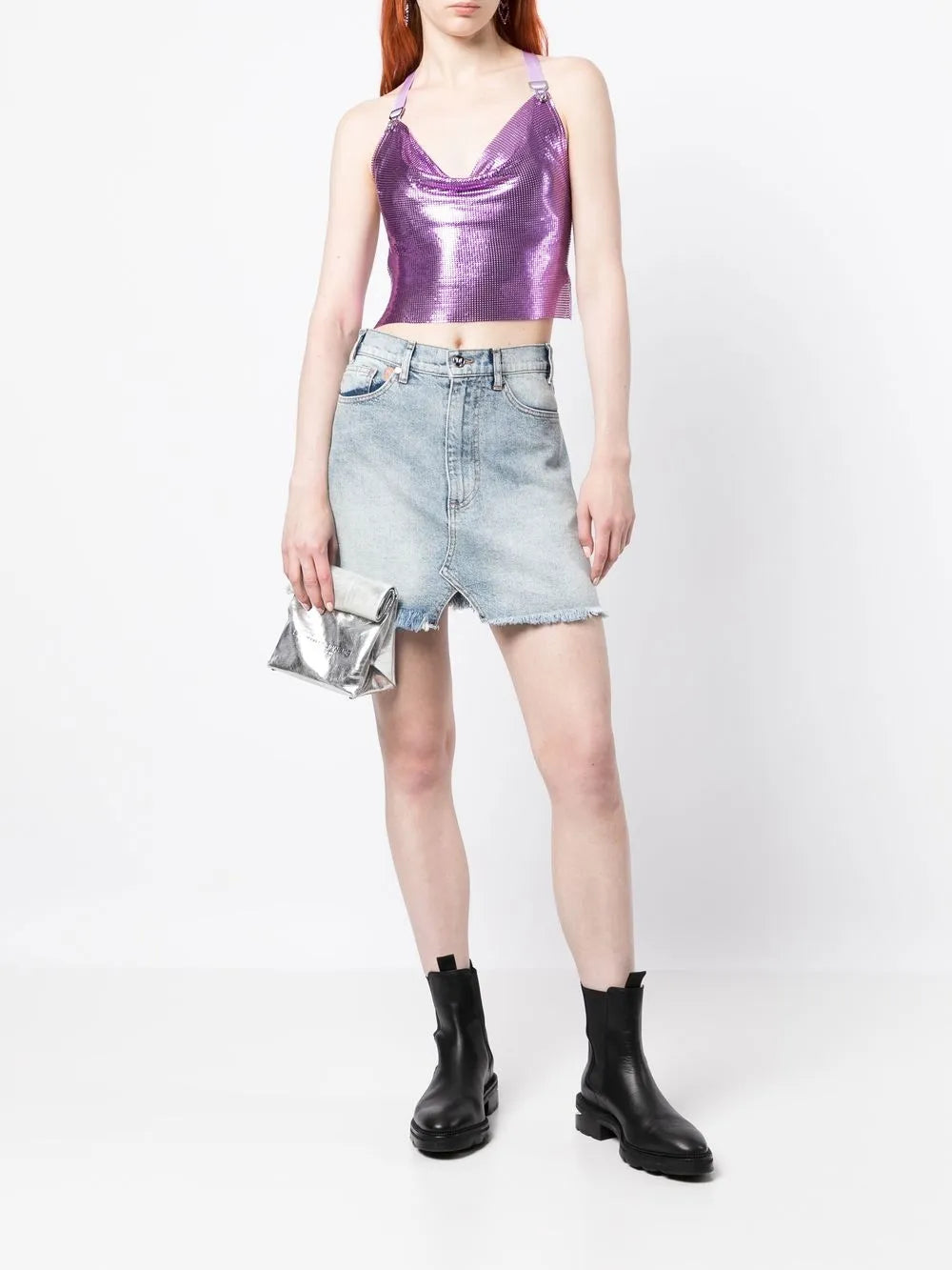Frayed-Hem Denim Mini Skirt