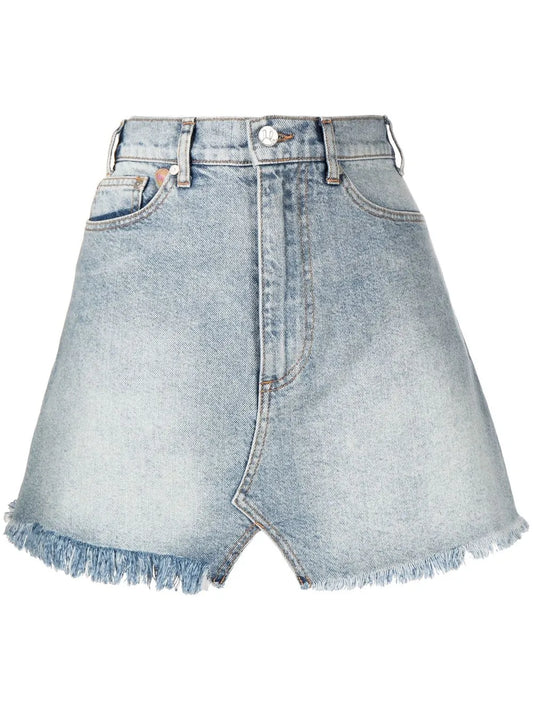 Frayed-Hem Denim Mini Skirt