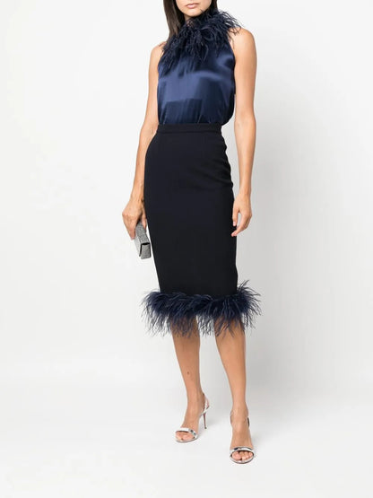 Feather-Trim High-Waisted Skirt