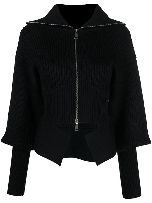 Ribbed-Knit Zip-Up Cardigan